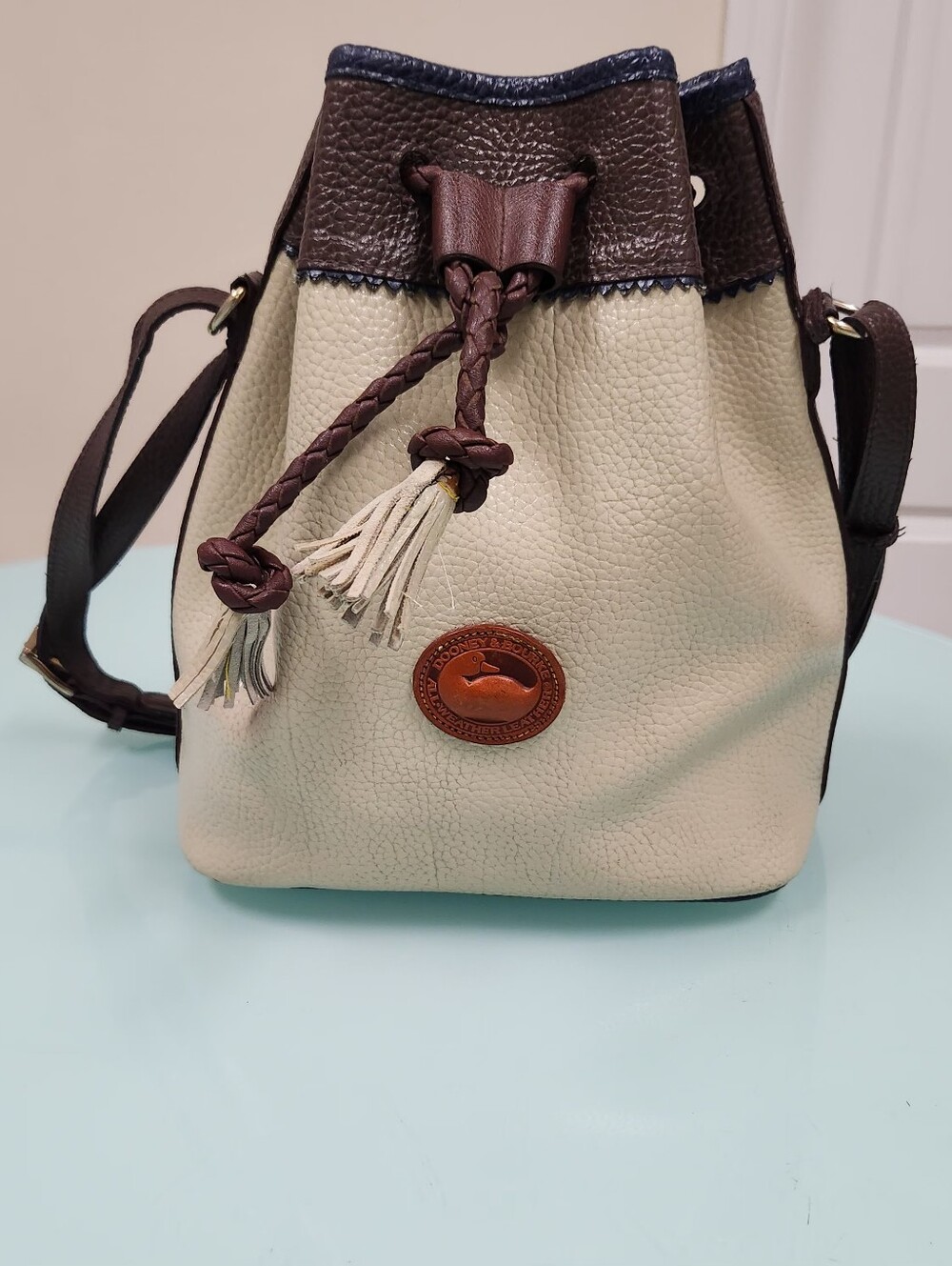Vintage Dooney & Bourke Cream and Brown Leather Drawstring Bucket Bag 1990's
